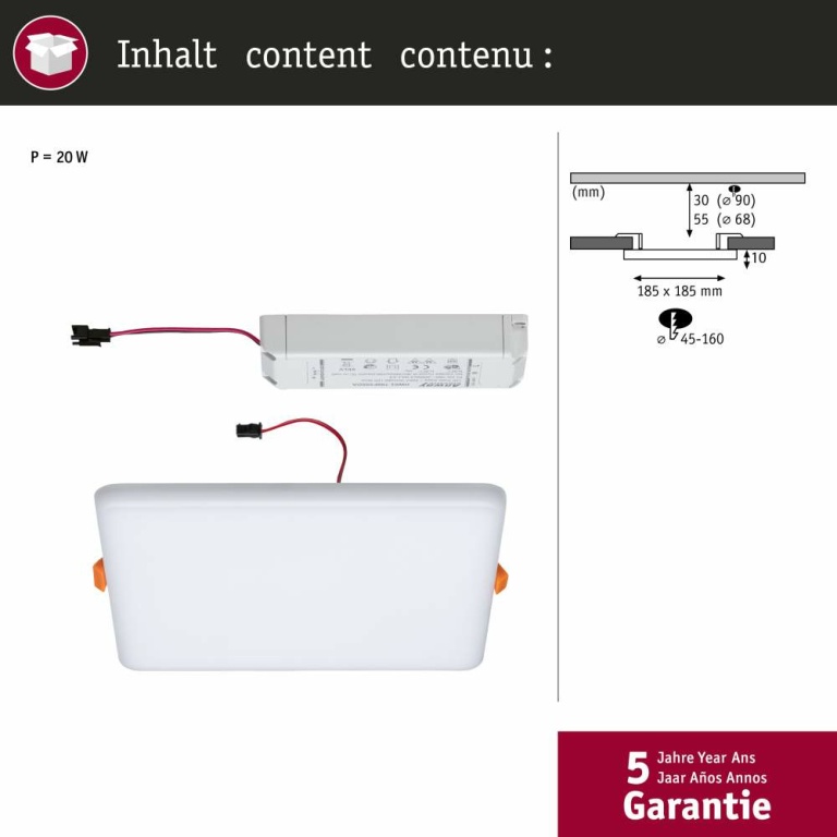 Paulmann LED Einbaupanel Veluna VariFit IP44 3-Stufen-dimmbar eckig 185x185mm 17W 3.000K Satin