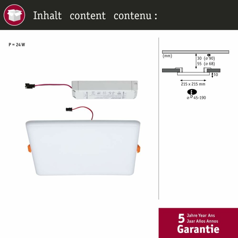 Paulmann LED Einbaupanel Veluna VariFit IP44 3-Stufen-dimmbar eckig 215x215mm 21W 3.000K Satin