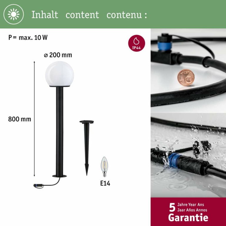 Paulmann Plug & Shine Poller Classic Globe IP44 2W 24V Anthrazit E14