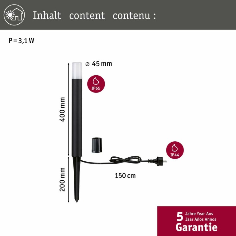 Paulmann LED Pollerleuchte Flarea IP65 400mm 3000K 3,1W 280lm 230V Schwarz Aluminium