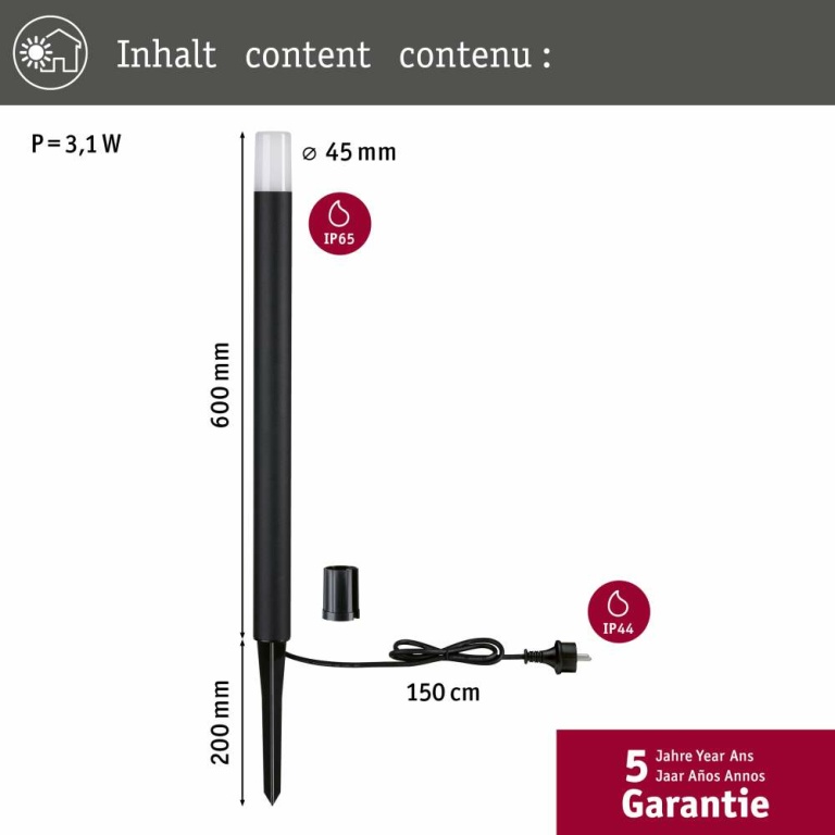 Paulmann LED Pollerleuchte Flarea IP65 600mm 3000K 3,1W 280lm 230V Schwarz Aluminium