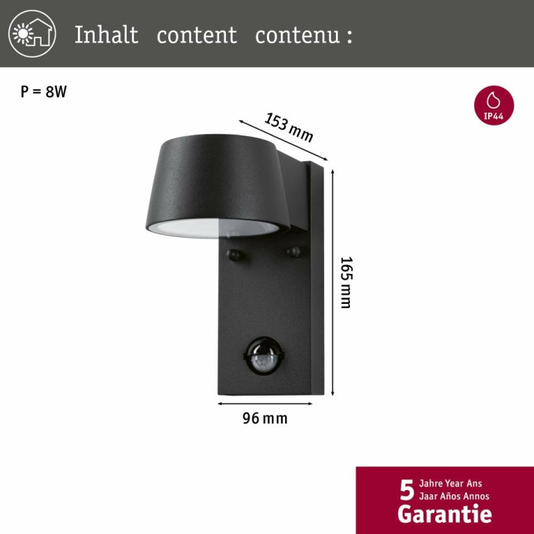 Paulmann LED Außenwandleuchte Capea Bewegungsmelder IP44 96x153mm 3000K 6W 500lm 230V Grau Aluminium