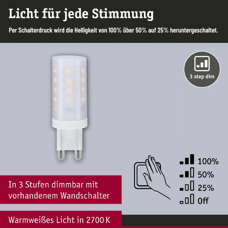 Paulmann LED Stiftsockel G9 3-Step-Dim 4W 350lm 2700K 230V dimmbar