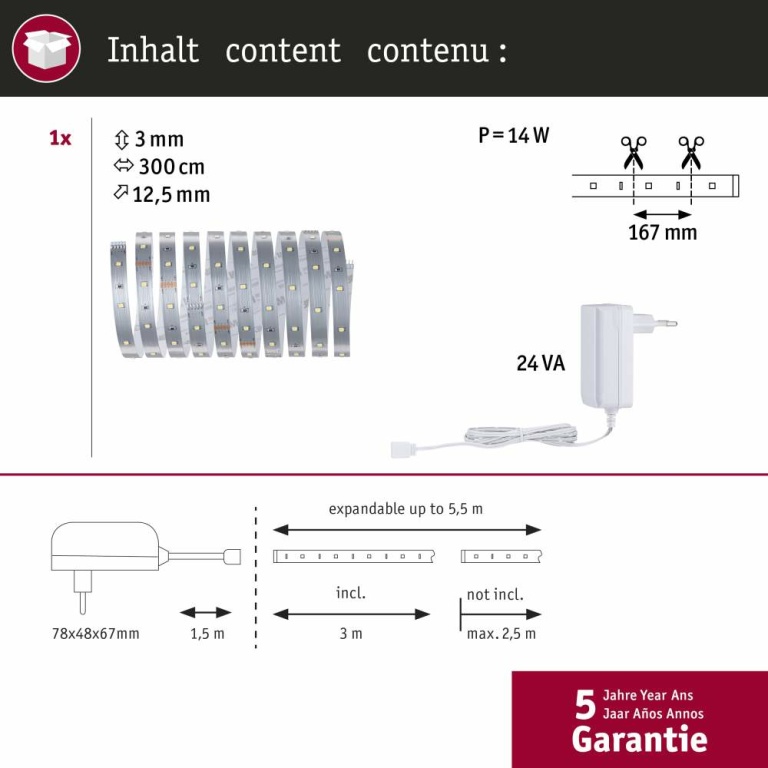 Paulmann MaxLED 250 Basisset unbeschichtet 3m Tageslichtweiß