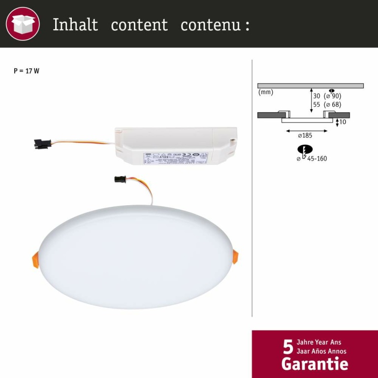 Paulmann LED Einbaupanel Veluna WhiteSwitch 185mm IP44 Deckenmontage 14W inkl. Leuchtmittel