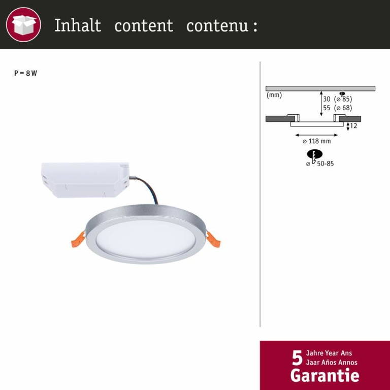 Paulmann LED Einbaupanel Areo VariFit IP44 rund 118 6,5W 4.000K Chrom matt