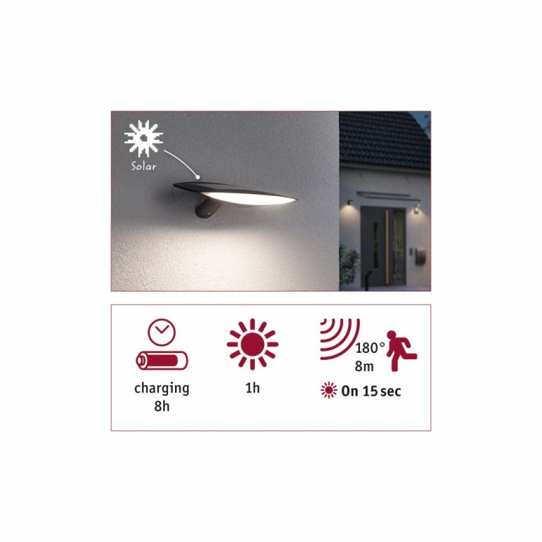 Paulmann Outdoor Solar Wandleuchte Kiran Anthrazit IP44 180lm Warmweiß mit Bewegungsmelder