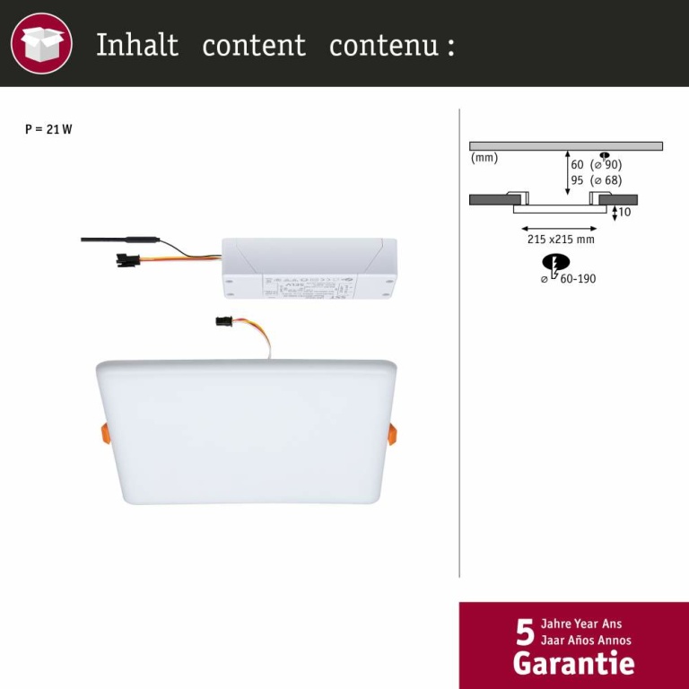 Paulmann Smart Home Zigbee LED Einbaupanel Veluna VariFit Tunable White 215mm x 215mm IP44 17W