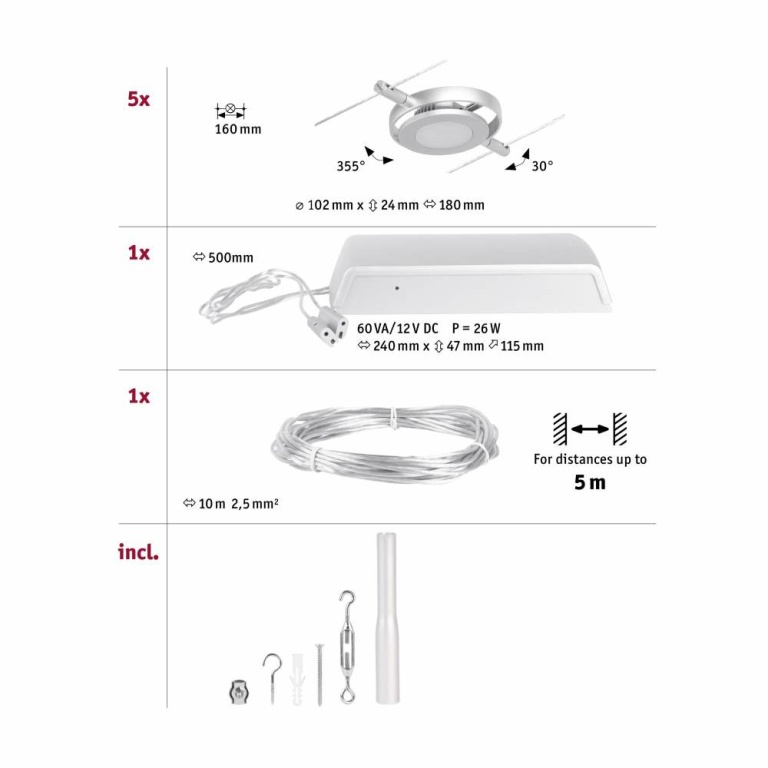 Paulmann LED Seilsystem RoundMac Basisset 5x280lm 5x4,5W 3000K 230/12V Chrom matt/Chrom