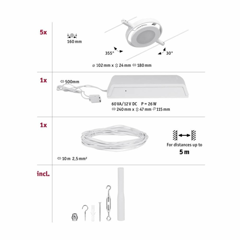 Paulmann LED Seilsystem RoundMac Basisset 5x280lm 5x4,5W 3000K 230/12V Weiß/Chrom