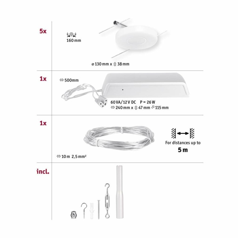 Paulmann LED Seilsystem DiscLED Basisset 5x300lm 5x4,5W 3000K 230/12V Chrom matt/Chrom