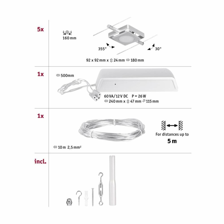 Paulmann LED Seilsystem MacLED Basisset 5x250lm 5x4,5W 3000K 230/12V Chrom matt/Chrom