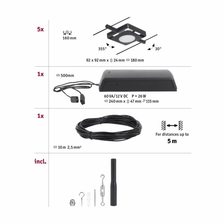 Paulmann LED Seilsystem MacLED Basisset 5x250lm 5x4,5W 3000K 230/12V Schwarz matt/Chrom