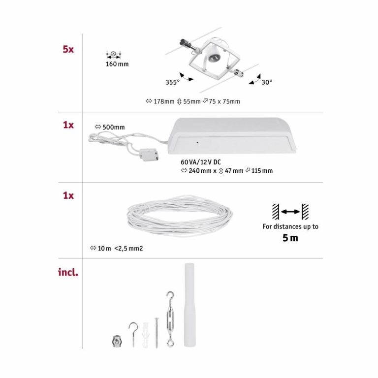 Paulmann Seilsystem Mac II Basisset GU5,3 max. 5x10W 230/12V Weiß matt/Chrom