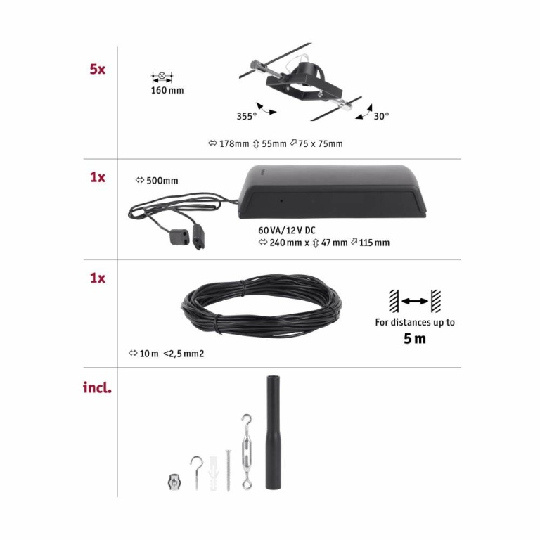 Paulmann Seilsystem Mac II Basisset GU5,3 max. 5x10W 230/12V Schwarz matt/Chrom