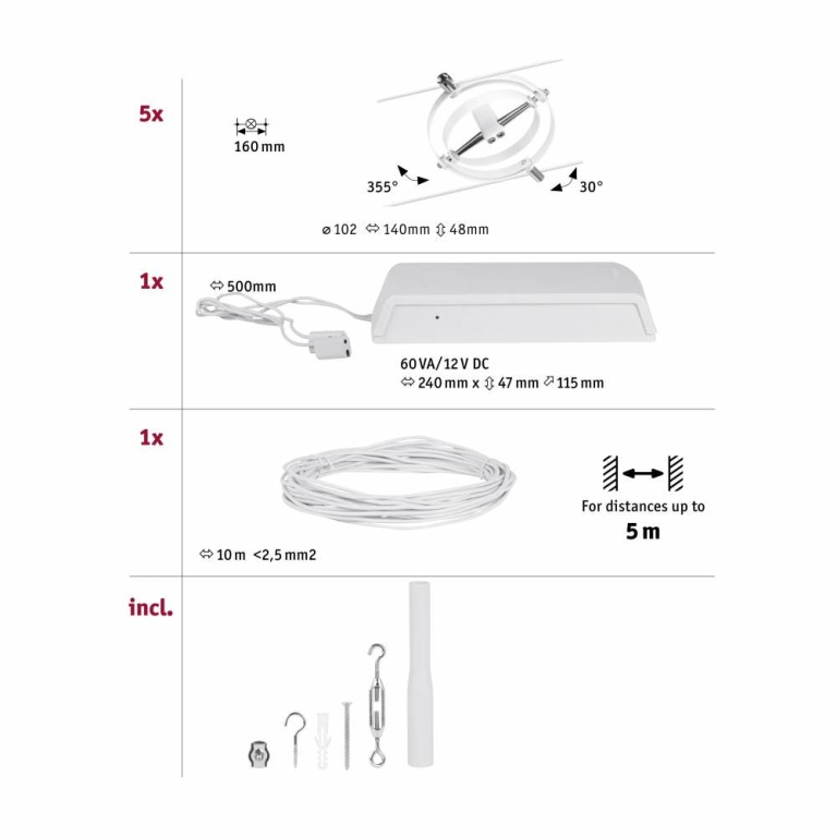 Paulmann Seilsystem Cardan Basisset GU5,3 max. 5x10W 230/12V Weiß matt/Chrom