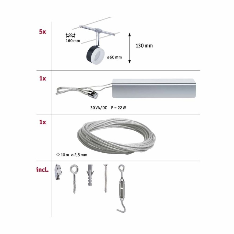 Paulmann LED Seilsystem ClearLED Basisset 5x150lm 5x4W 2700K 230/12V Schwarz/Chrom