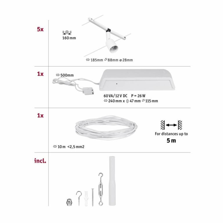 Paulmann Seilsystem Salt Basisset GU5,3 max. 5x10W 230/12V Weiß matt/Chrom