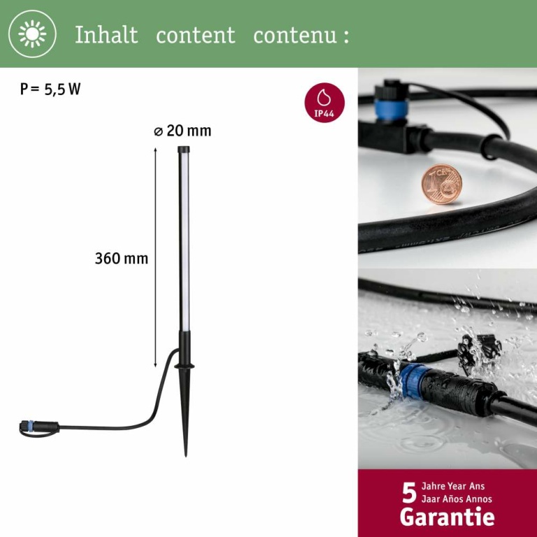 Paulmann Plug & Shine Pollerleuchte Lichtstab 360mm IP44 5,5W 3.000K Anthrazit