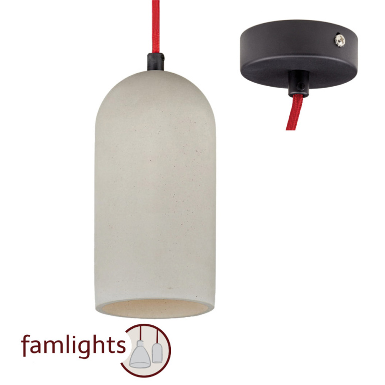 famlights famlights | Betonpendelleuchte Daniela mit rotem Kabel in Grau E27 max. 25W