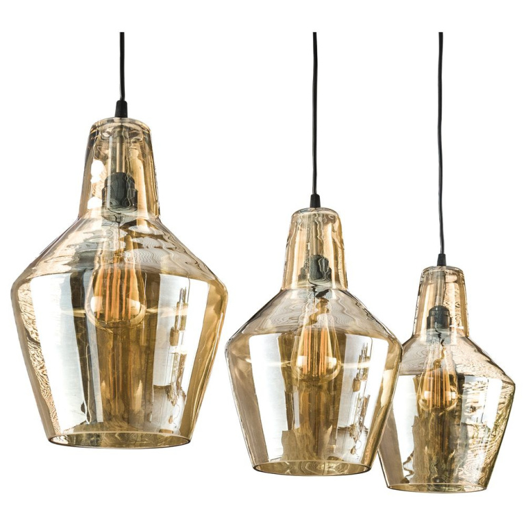 famlights famlights | Pendelleuchte Jim in Altsilber und Amber E27 3-flammig