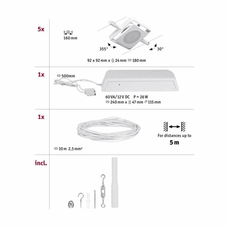 Paulmann LED Seilsystem MacLED Basisset 5x250lm 5x4,5W 3000K 230/12V Weiß/Chrom