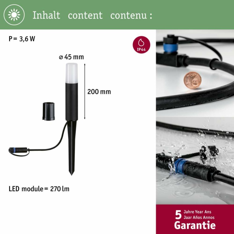 Paulmann Plug & Shine Pollerleuchte Flarea 200mm IP65 3,6W 3.000K Schwarz