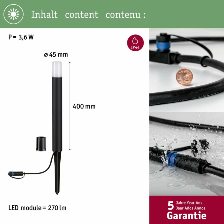 Paulmann Plug & Shine Pollerleuchte Flarea 400mm IP65 3,6W 3.000K Schwarz