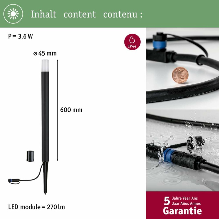 Paulmann Plug & Shine Pollerleuchte Flarea 600mm IP65 3,6W 3.000K Schwarz