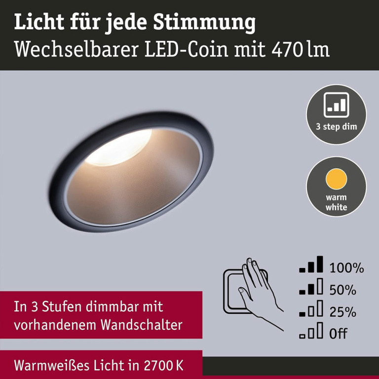 Paulmann Smart Home Zigbee Bundle Einbauleuchte Cole Coin Schwarz/Gold matt 3er-Set 6W IP44 dimmbar