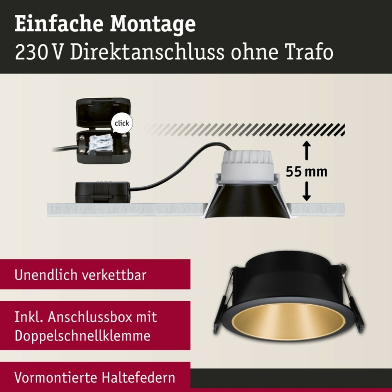 Paulmann Smart Home Zigbee Bundle Einbauleuchte Cole Coin Schwarz/Gold matt 3er-Set 6W IP44 dimmbar