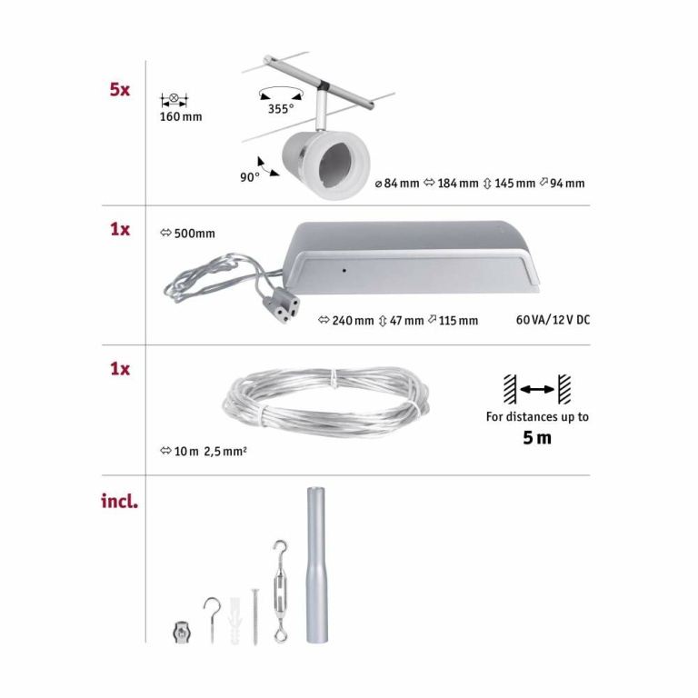 Paulmann Seilsystem Cone Basisset GU5,3 max. 5x10W 230/12V Chrom matt/Chrom