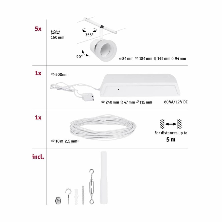 Paulmann Seilsystem Cone Basisset GU5,3 max. 5x10W 230/12V Weiß matt/Chrom