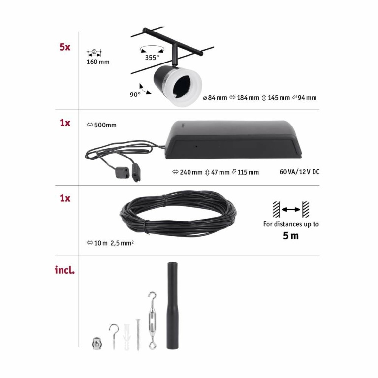 Paulmann Seilsystem Cone Basisset GU5,3 max. 5x10W 230/12V Schwarz matt/Chrom