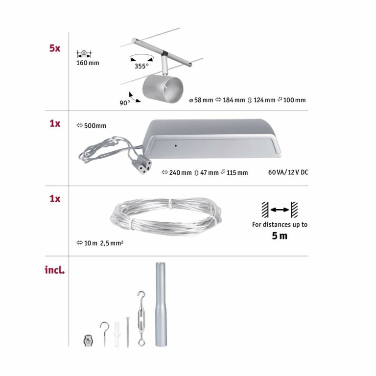 Paulmann Seilsystem Cup Basisset GU5,3 max. 5x10W 230/12V Chrom matt/Chrom