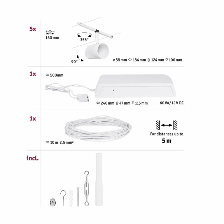 Paulmann Seilsystem Cup Basisset GU5,3 max. 5x10W 230/12V Weiß matt/Chrom