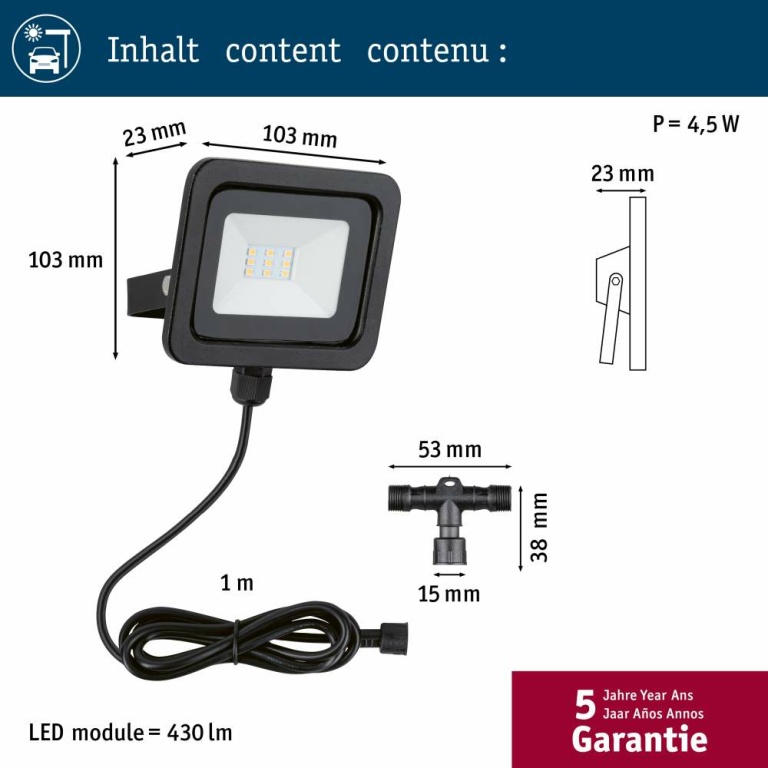 Paulmann Park + Light LED Außenwandleuchte Carportleuchte Bimea 4,5W IP65 3000K Schwarz Metall