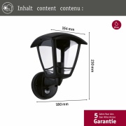 Außenwandleuchte Classic Curved mit Bewegungsmelder IP44 eckig 180mm  max. 12W  230V  Schwarz Kunststoff