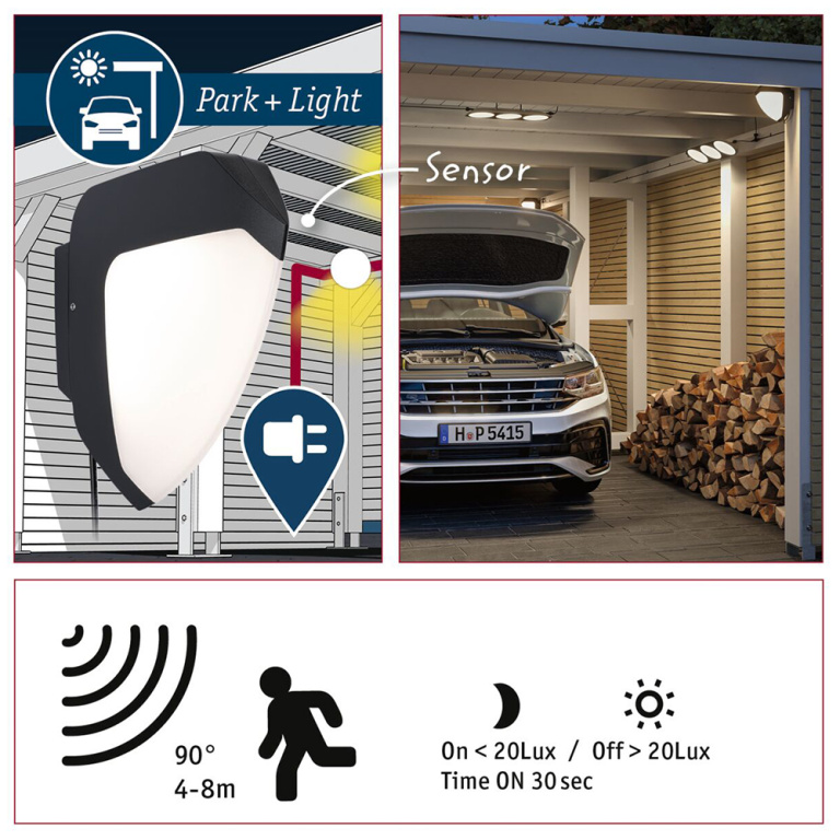 Paulmann Park + Light LED Außenwandleuchte Ikosea mit Bewegungsmelder 5,6W 12V IP44 3000K Anthrazit Kunststoff