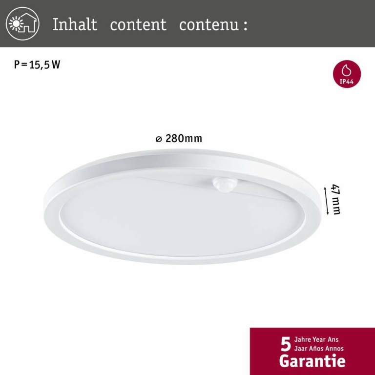 Paulmann LED Außenpanel Lamina Bewegungsmelder IP44 rund 280mm 3000K 14,5W 1200lm 230V Weiß Kunststoff