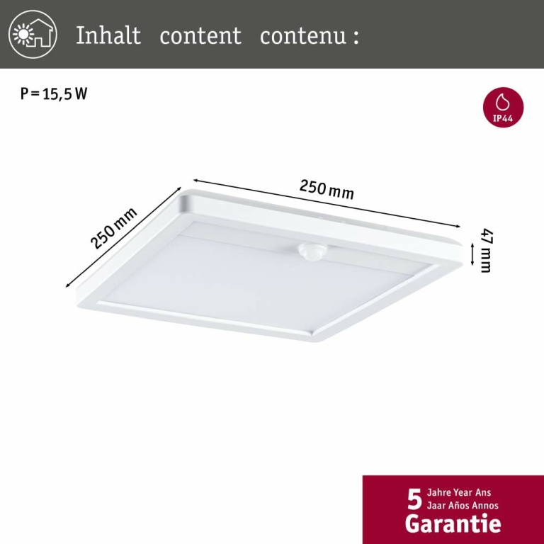 Paulmann LED Außenpanel Lamina Bewegungsmelder IP44 eckig 250x250mm 3000K 14,5W 950lm 230V Weiß Kunststoff