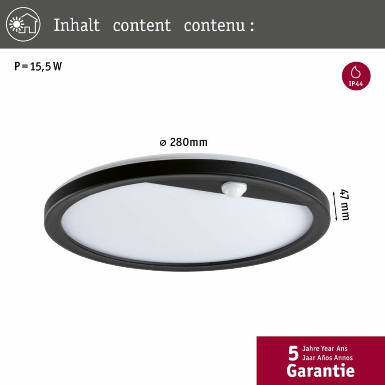 Paulmann LED Außenpanel Lamina Bewegungsmelder IP44 rund 280mm 3000K 14,5W 1200lm 230V Schwarz Kunststoff