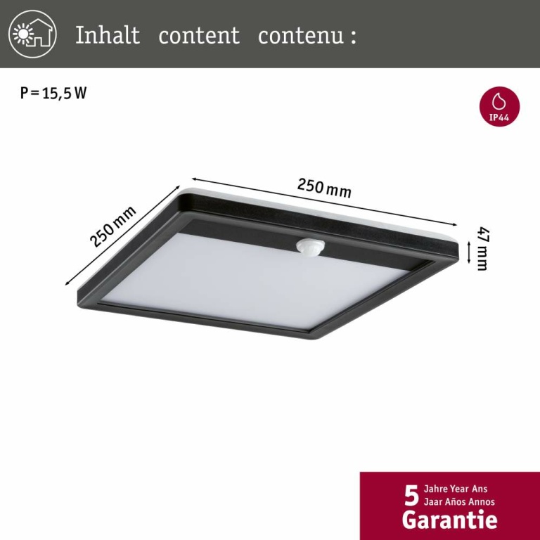 Paulmann LED Außenpanel Lamina inkl. Bewegungsmelder IP44 eckig 250x250mm 3000K 14,5W 1100lm 230V  Schwarz Kunststoff