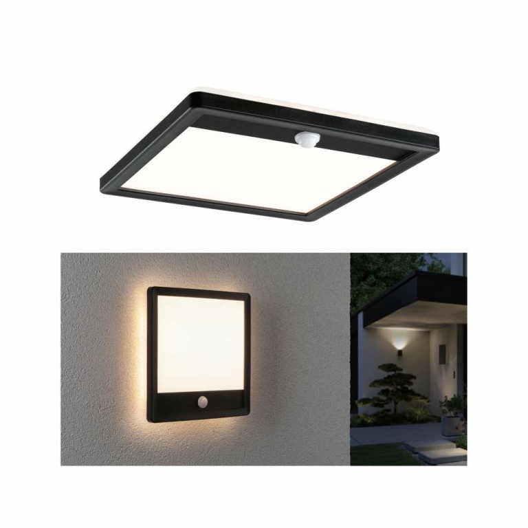 Paulmann LED Außenpanel Lamina inkl. Bewegungsmelder IP44 eckig 250x250mm 3000K 14,5W 1100lm 230V  Schwarz Kunststoff