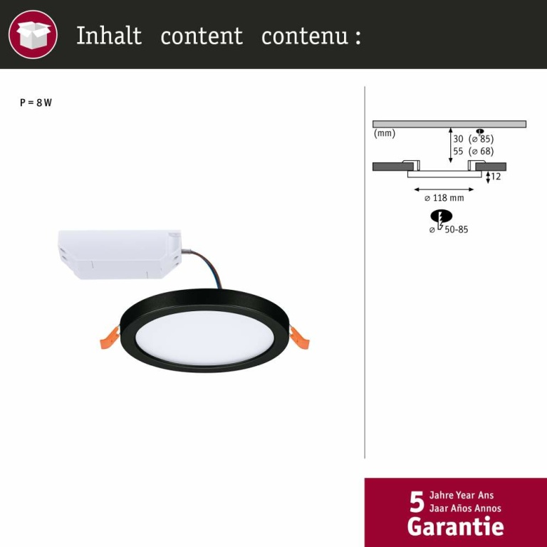 Paulmann VariFit LED Einbaupanel Areo IP44 rund 118mm 3000K Schwarz