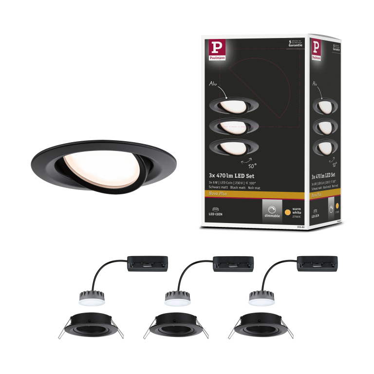 Paulmann LED Einbauleuchten 3er-Set Nova Plus Coin rund 6W 2700K 470lm IP23 Schwarz matt schwenkbar dimmbar 230V