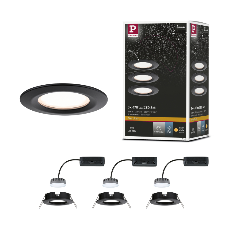 Paulmann LED Einbauleuchten 3er-Set Nova Plus Coin rund 6W 2700K 470lm IP44 Schwarz matt starr dimmbar 230V