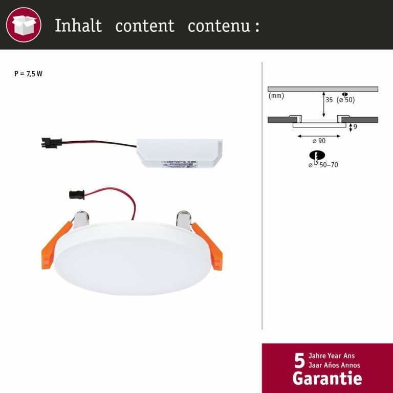 Paulmann VariFit LED Einbaupanel Veluna Edge IP44 rund 90mm 450lm 3000K Weiß