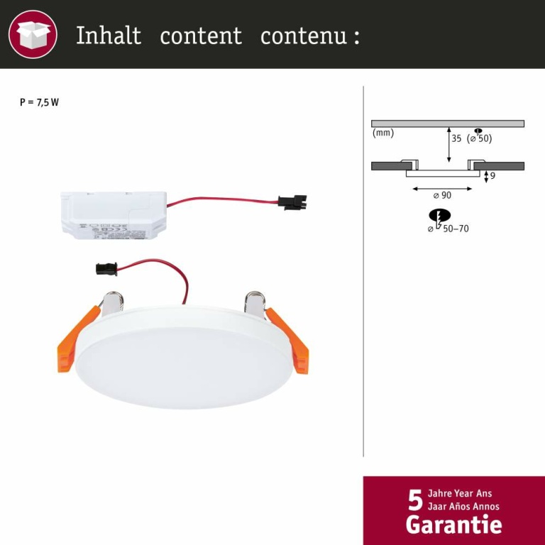 Paulmann VariFit LED Einbaupanel Veluna Edge IP44 rund 90mm 450lm 3000K Weiß dimmbar