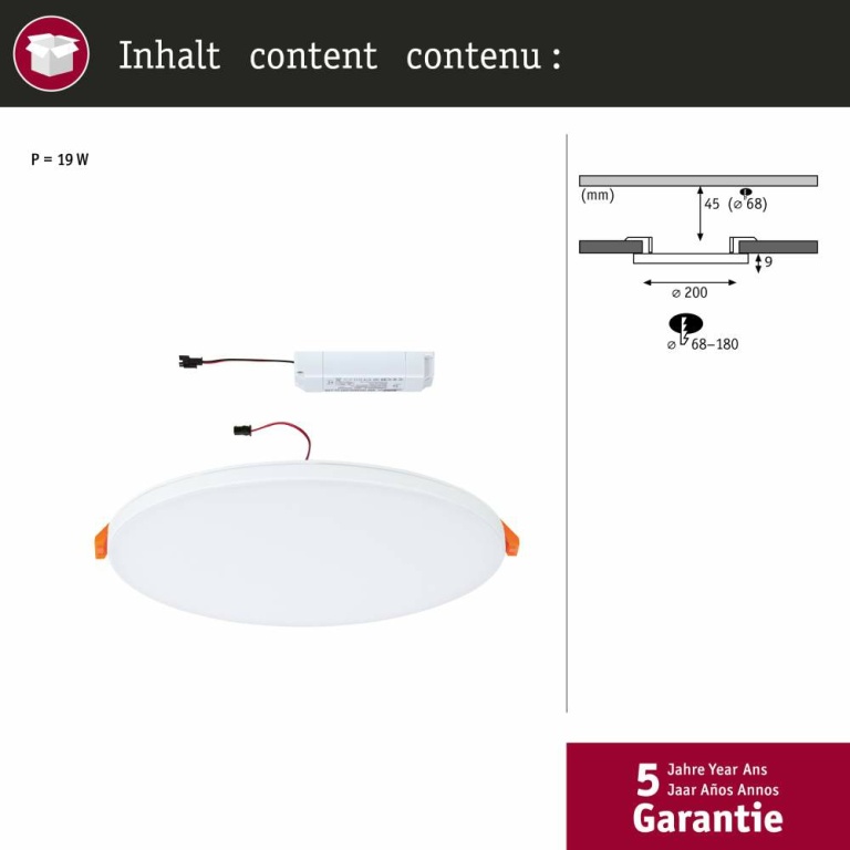 Paulmann VariFit LED Einbaupanel Veluna Edge IP44 rund 200mm 1500lm 3000K Weiß dimmbar